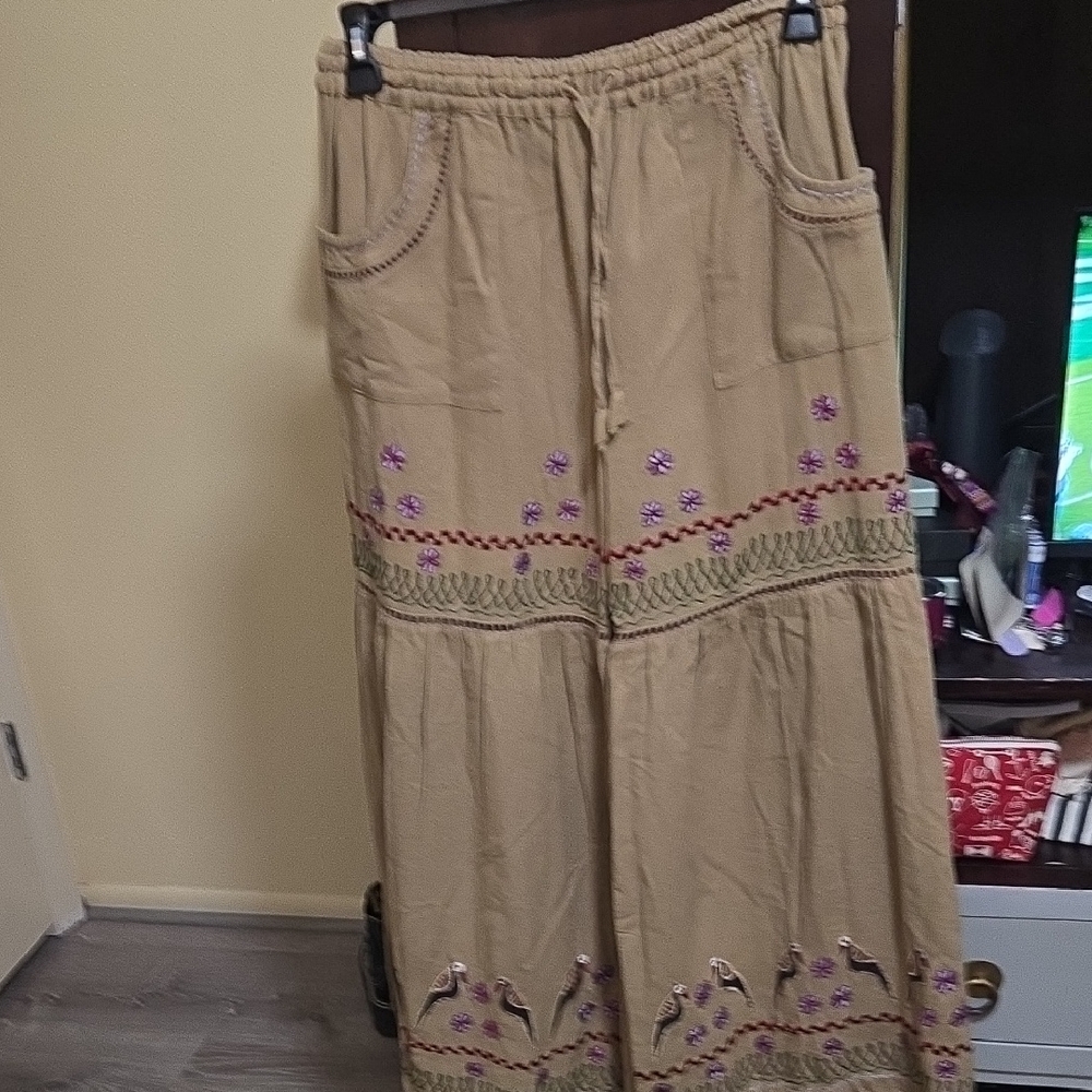 Embroidered Tan Wide Leg Pants